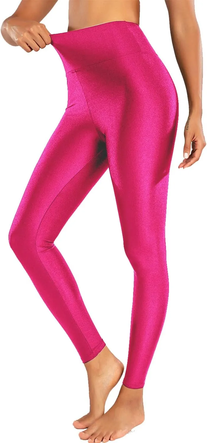 Sghenr Women's High Waisted Yoga Pants Tummy Control Shiny Sports Tights Workout Leggings