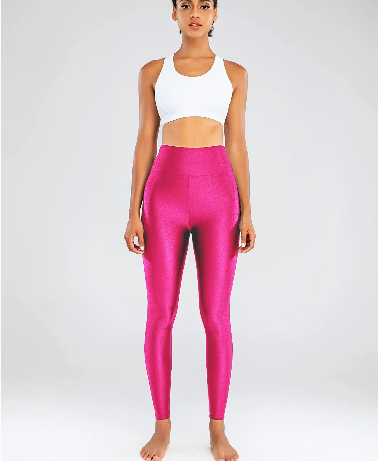 Sghenr Women's High Waisted Yoga Pants Tummy Control Shiny Sports Tights Workout Leggings