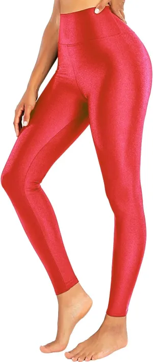 Sghenr Women's High Waisted Yoga Pants Tummy Control Shiny Sports Tights Workout Leggings
