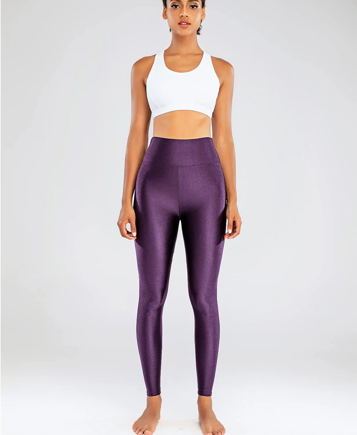 Sghenr Women's High Waisted Yoga Pants Tummy Control Shiny Sports Tights Workout Leggings