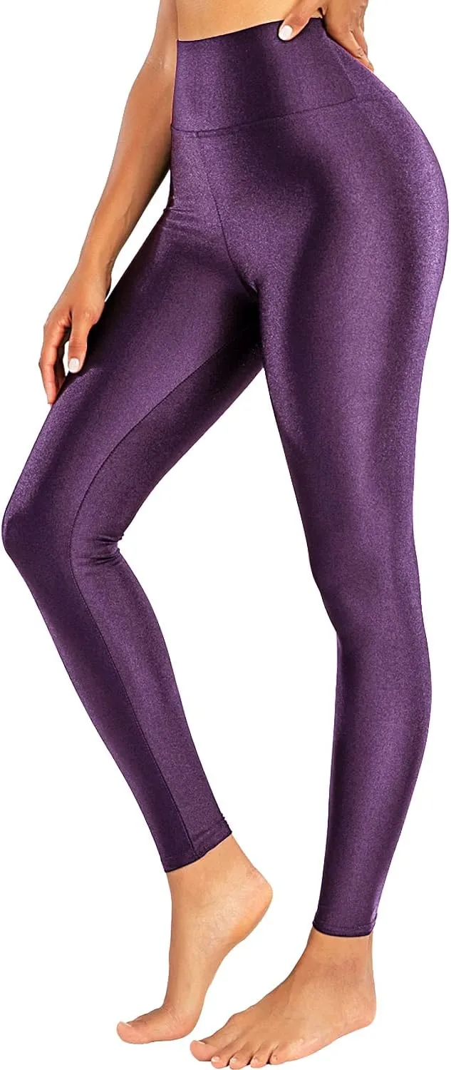 Sghenr Women's High Waisted Yoga Pants Tummy Control Shiny Sports Tights Workout Leggings