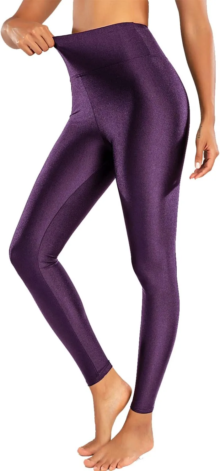 Sghenr Women's High Waisted Yoga Pants Tummy Control Shiny Sports Tights Workout Leggings