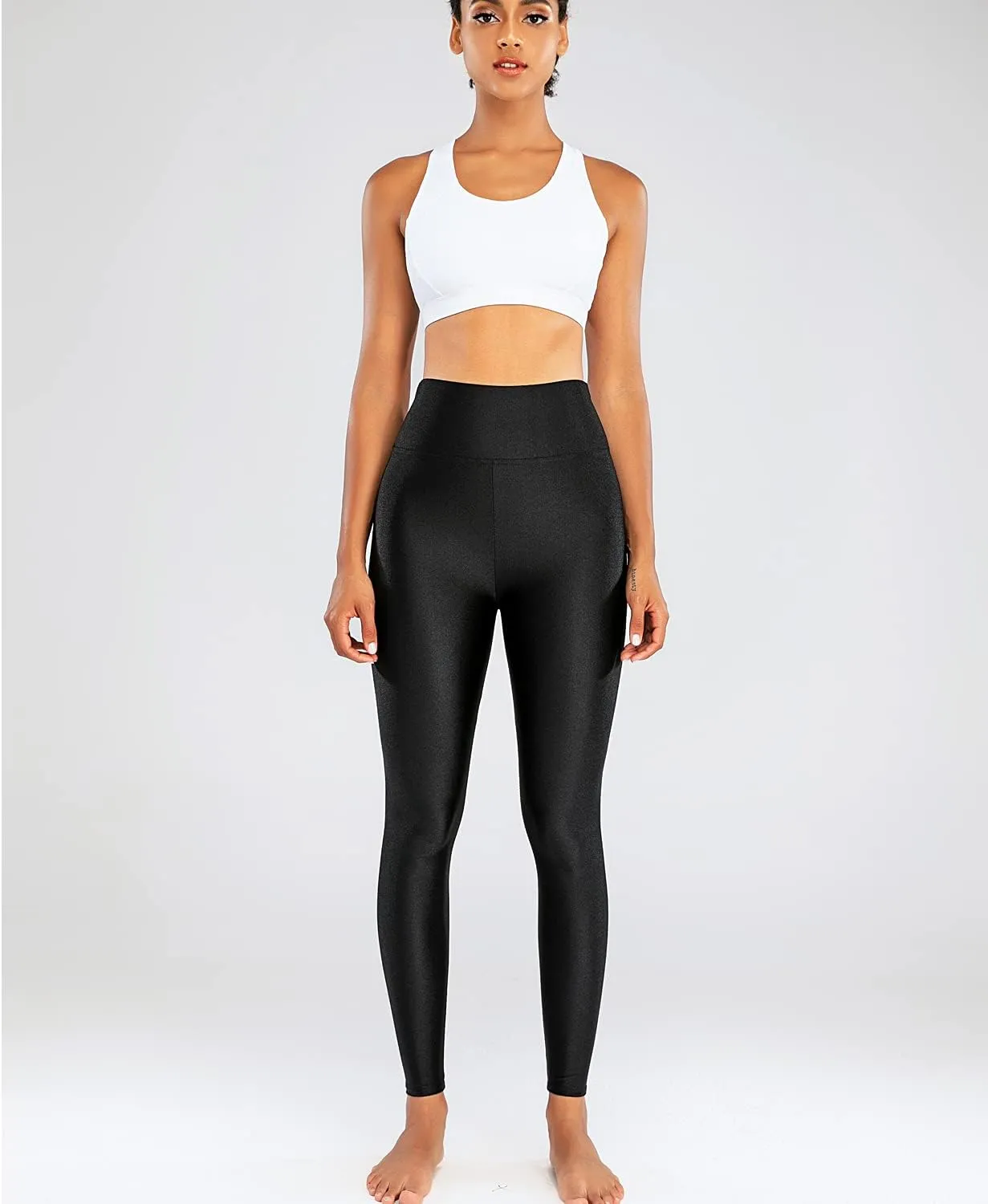 Sghenr Women's High Waisted Yoga Pants Tummy Control Shiny Sports Tights Workout Leggings
