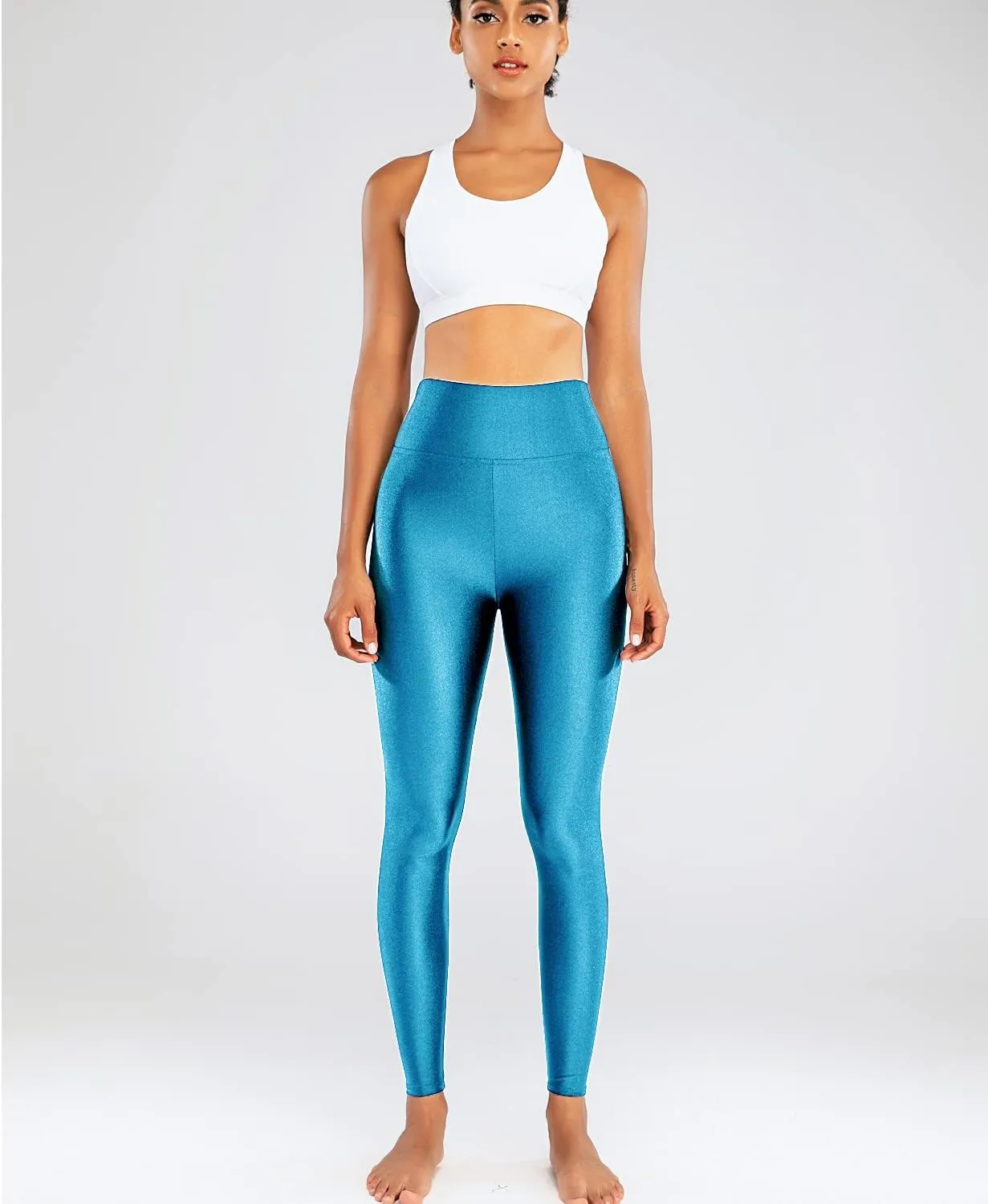 Sghenr Women's High Waisted Yoga Pants Tummy Control Shiny Sports Tights Workout Leggings