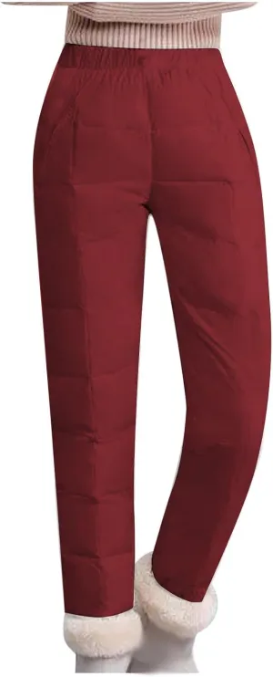 Snow Pants Womens Winter Ski Pants Thick Fleece Lined Joggers Quilted Down Puffer Trousers with Pockets