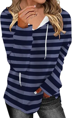 Striped Drawstring Hoodies for Women Oversized Pullover Blouse Casual Long Sleeve Workout Preepy Hooded Sweatshirts