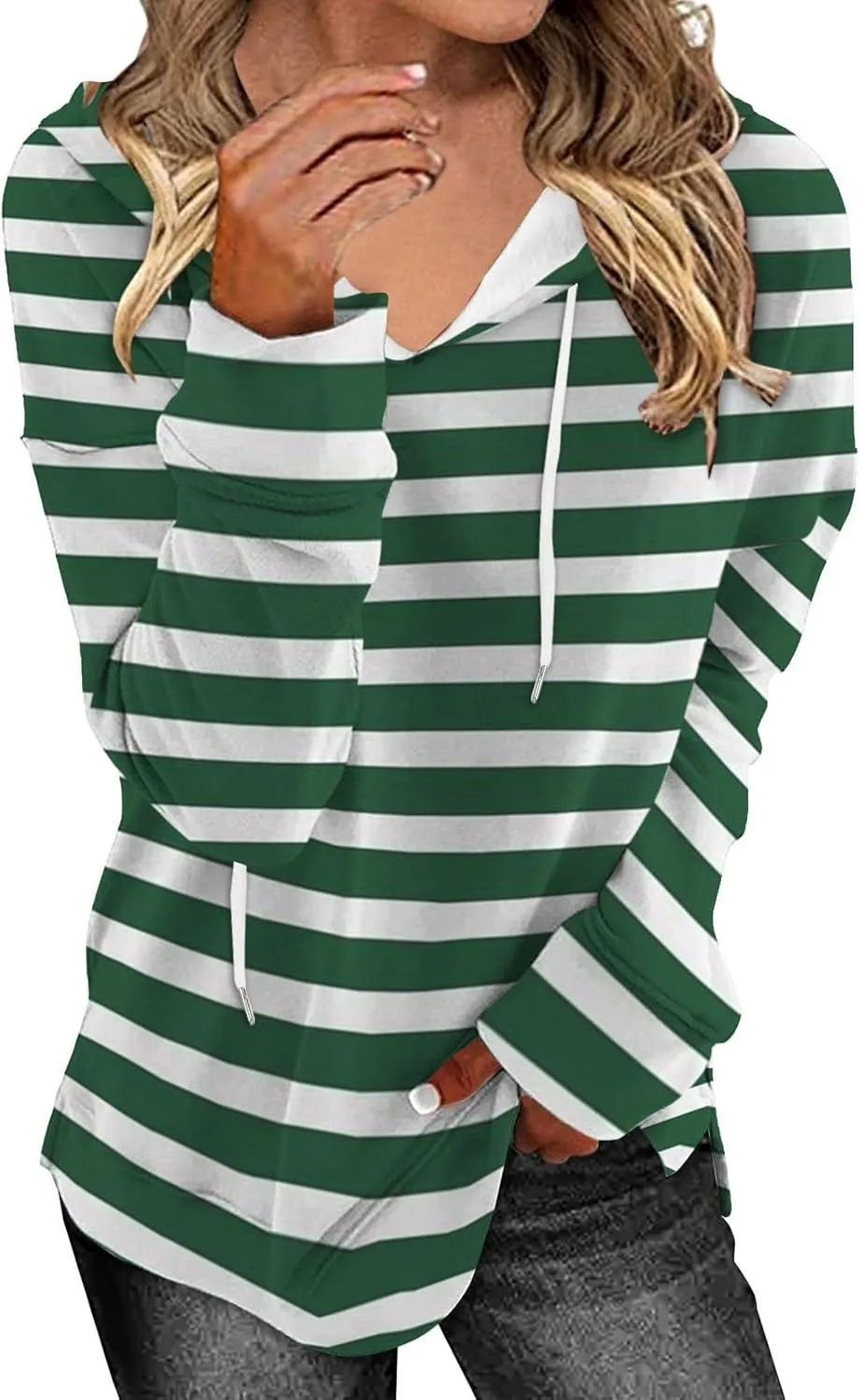 Striped Drawstring Hoodies for Women Oversized Pullover Blouse Casual Long Sleeve Workout Preepy Hooded Sweatshirts