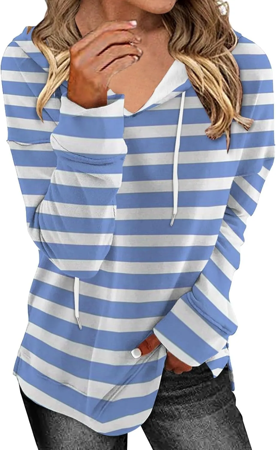 Striped Drawstring Hoodies for Women Oversized Pullover Blouse Casual Long Sleeve Workout Preepy Hooded Sweatshirts