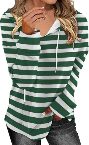 Striped Drawstring Hoodies for Women Oversized Pullover Blouse Casual Long Sleeve Workout Preepy Hooded Sweatshirts