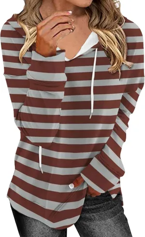 Striped Drawstring Hoodies for Women Oversized Pullover Blouse Casual Long Sleeve Workout Preepy Hooded Sweatshirts