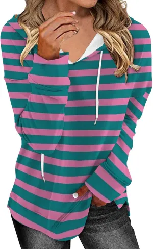 Striped Drawstring Hoodies for Women Oversized Pullover Blouse Casual Long Sleeve Workout Preepy Hooded Sweatshirts