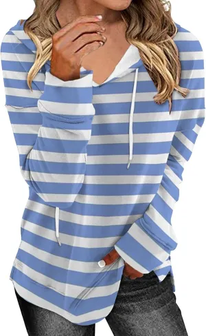 Striped Drawstring Hoodies for Women Oversized Pullover Blouse Casual Long Sleeve Workout Preepy Hooded Sweatshirts