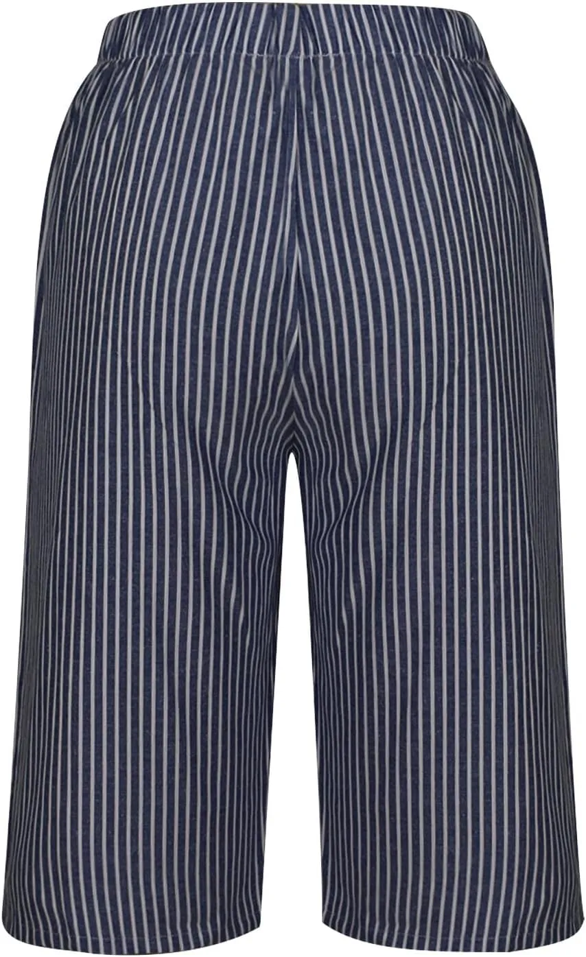 Striped Knee Length Shorts for Women Elastic High Waisted Beach Casual Sports Wide Leg Summer 2025 Shorts with Pockets