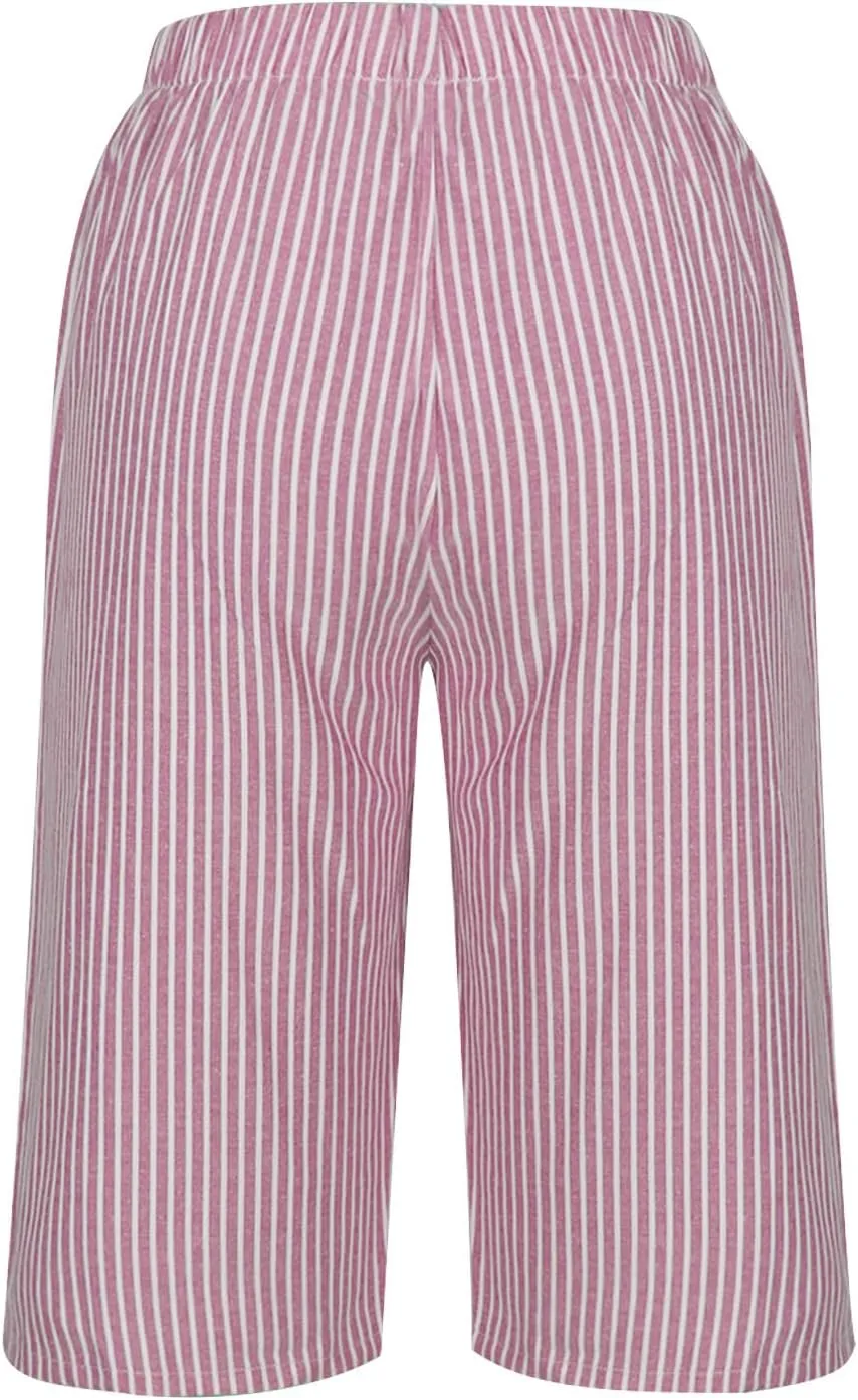 Striped Knee Length Shorts for Women Elastic High Waisted Beach Casual Sports Wide Leg Summer 2025 Shorts with Pockets