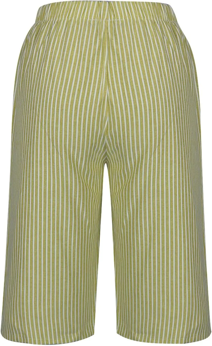 Striped Knee Length Shorts for Women Elastic High Waisted Beach Casual Sports Wide Leg Summer 2025 Shorts with Pockets