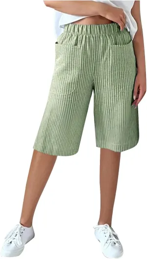 Striped Knee Length Shorts for Women Elastic High Waisted Beach Casual Sports Wide Leg Summer 2025 Shorts with Pockets