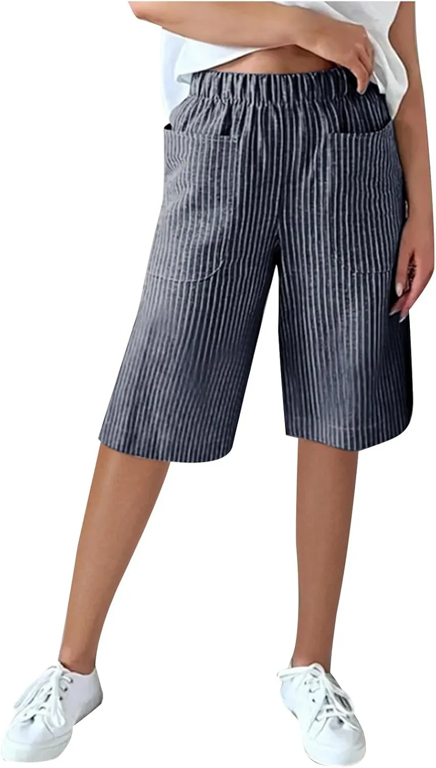 Striped Knee Length Shorts for Women Elastic High Waisted Beach Casual Sports Wide Leg Summer 2025 Shorts with Pockets