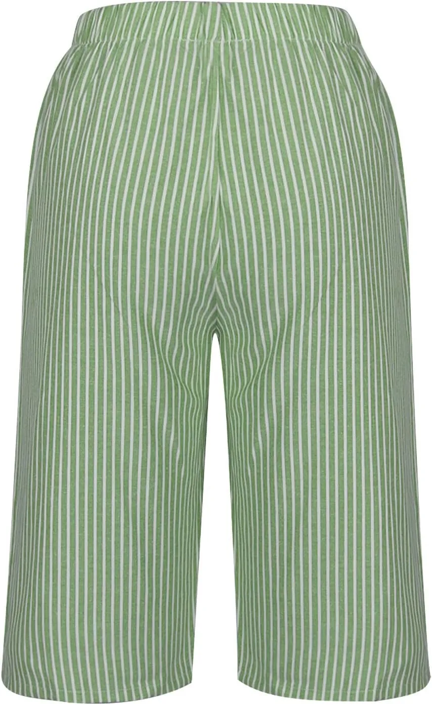 Striped Knee Length Shorts for Women Elastic High Waisted Beach Casual Sports Wide Leg Summer 2025 Shorts with Pockets