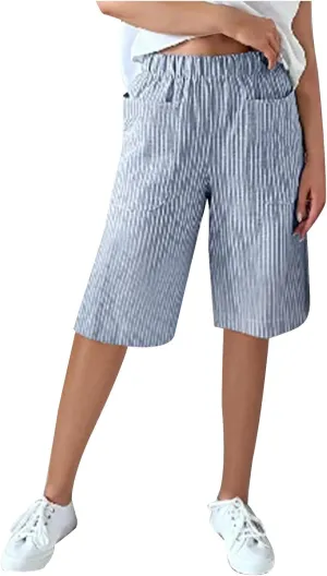 Striped Knee Length Shorts for Women Elastic High Waisted Beach Casual Sports Wide Leg Summer 2025 Shorts with Pockets