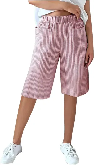 Striped Knee Length Shorts for Women Elastic High Waisted Beach Casual Sports Wide Leg Summer 2025 Shorts with Pockets