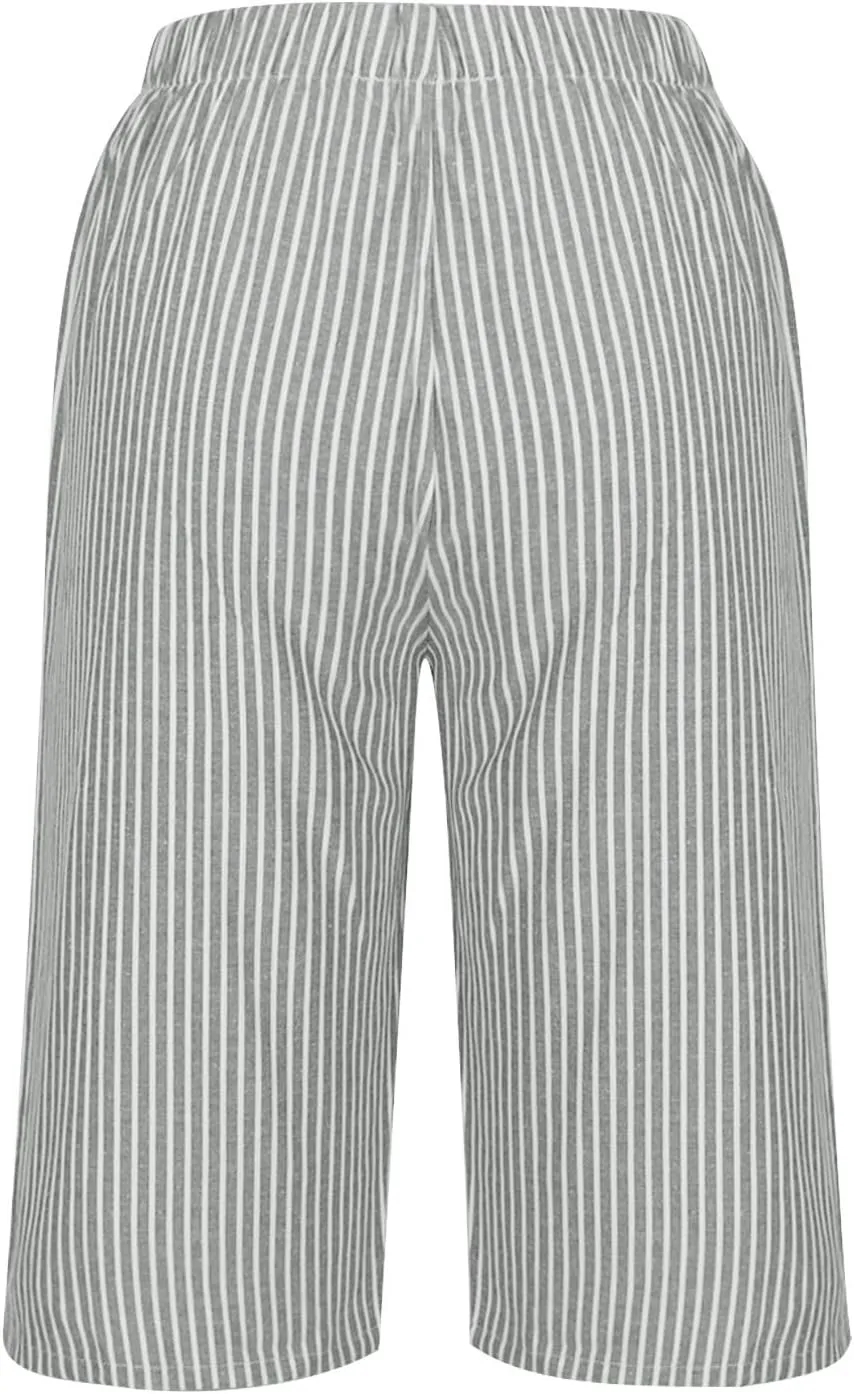 Striped Knee Length Shorts for Women Elastic High Waisted Beach Casual Sports Wide Leg Summer 2025 Shorts with Pockets