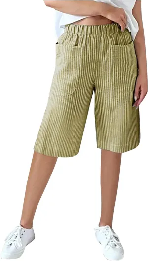 Striped Knee Length Shorts for Women Elastic High Waisted Beach Casual Sports Wide Leg Summer 2025 Shorts with Pockets