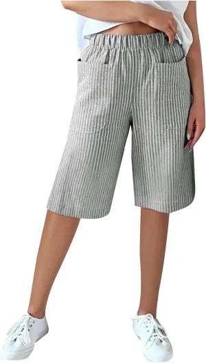 Striped Knee Length Shorts for Women Elastic High Waisted Beach Casual Sports Wide Leg Summer 2025 Shorts with Pockets