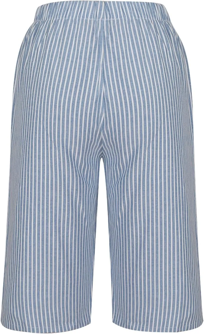 Striped Knee Length Shorts for Women Elastic High Waisted Beach Casual Sports Wide Leg Summer 2025 Shorts with Pockets