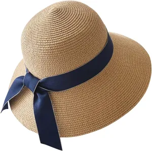 Summer Straw Roll Up Ponytail hat Ladies Wide-Brimmed Beach hat UV Protection Sun Visor Hats for Women Bowknot Floppy Sun hat