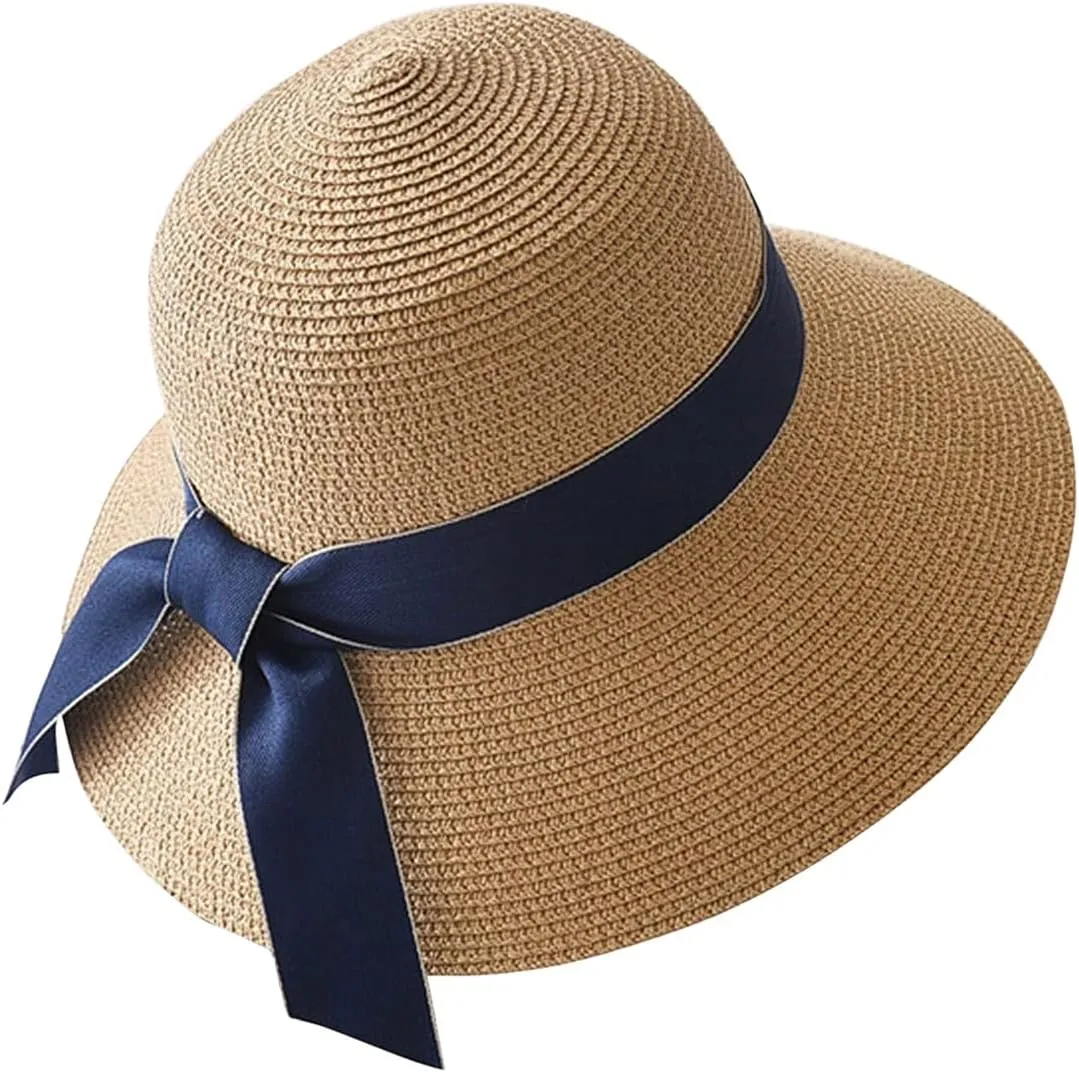 Summer Straw Roll Up Ponytail hat Ladies Wide-Brimmed Beach hat UV Protection Sun Visor Hats for Women Bowknot Floppy Sun hat