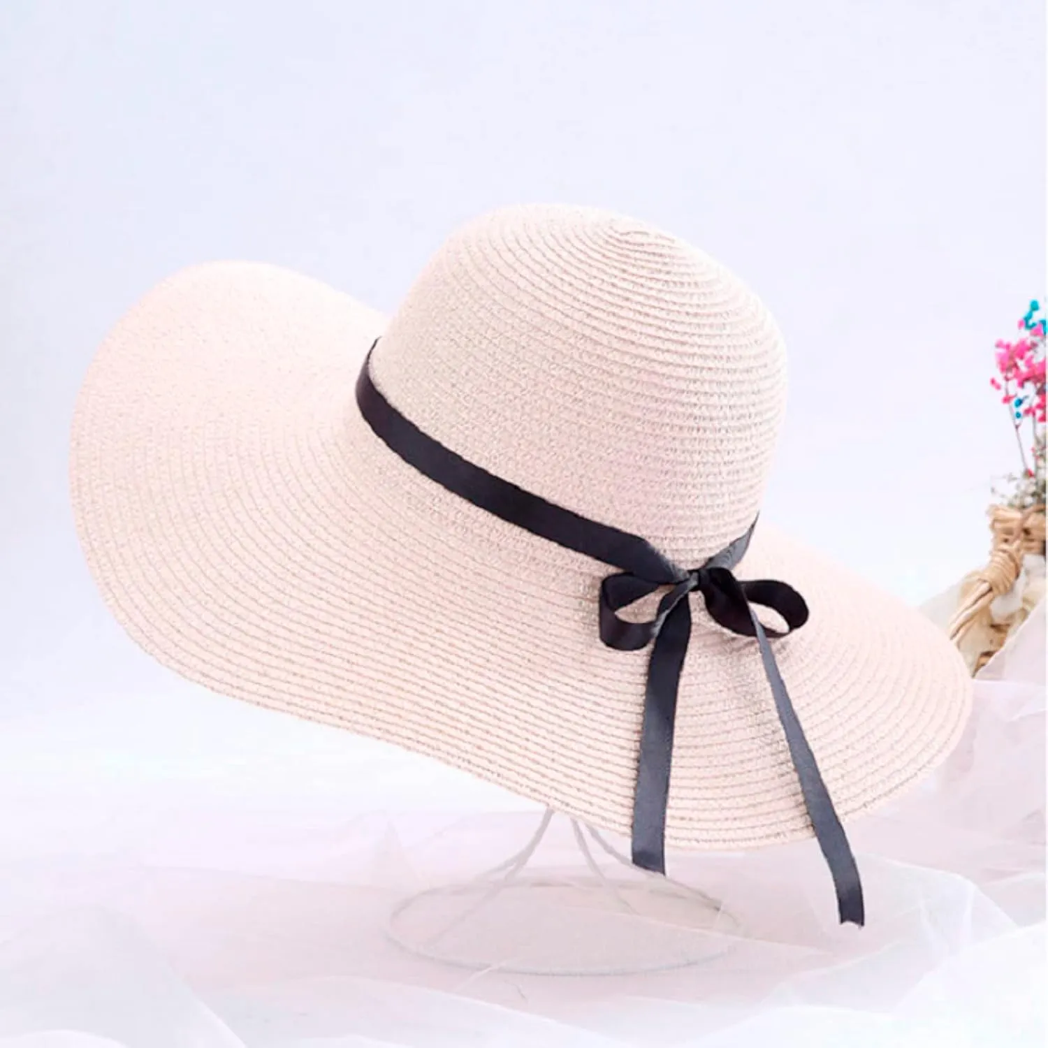 Sun Hats Women Big Brim Straw Hat Sun Floppy Wide Brim Hats Bowknot Folding Beach Cap Sunscreen Hat