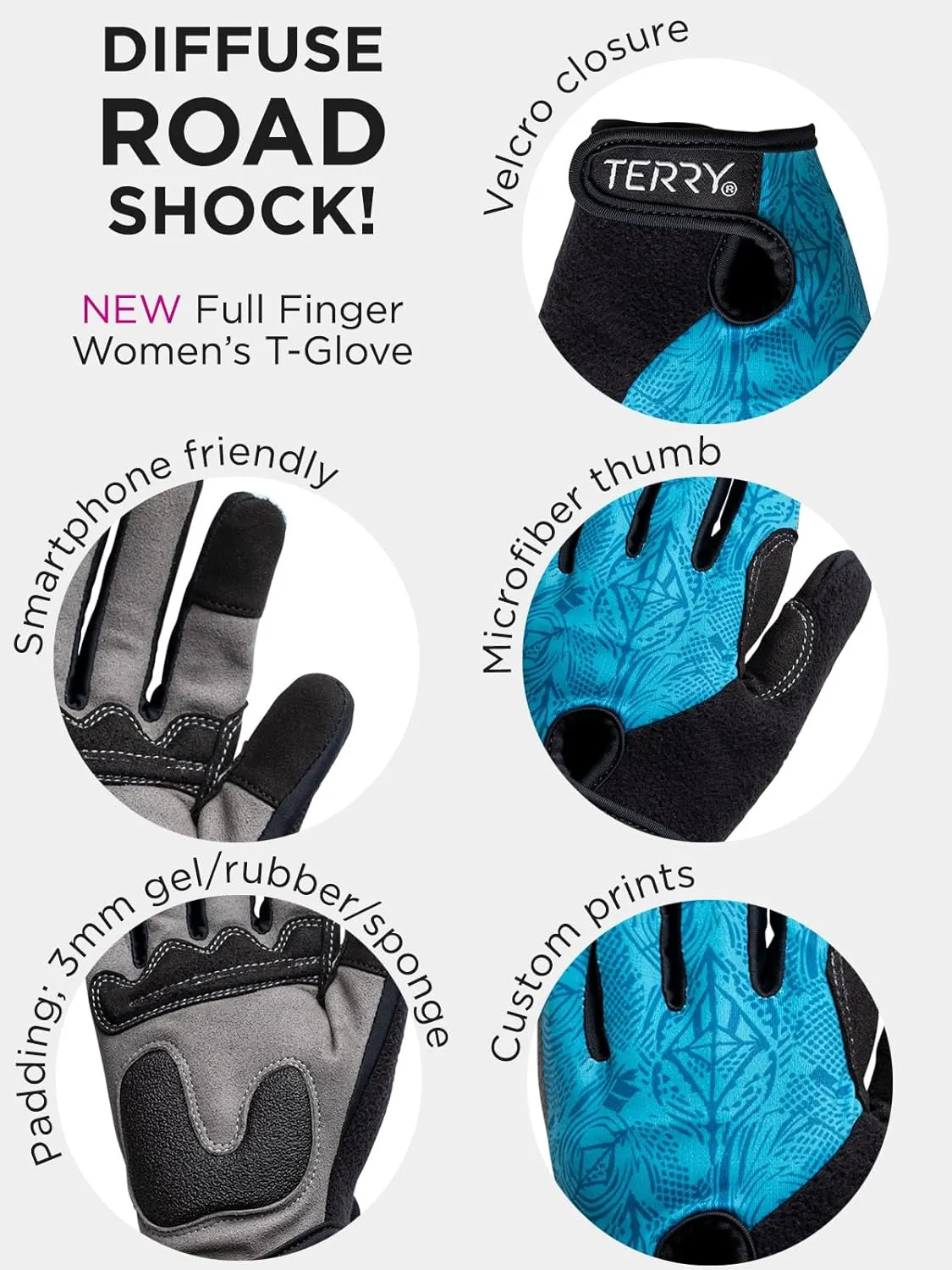 Terry Full Finger T-Gloves for Women, Full Coverage Gel Padded Mesh Comfort, Touch Screen Compatible MTB Cycling Gloves