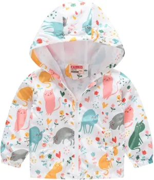 Toddler Girl's And Boy's Outdoor Floral Animal Printed Zip Jacket Hooded Trench Light Windproof Jackets Outerwear