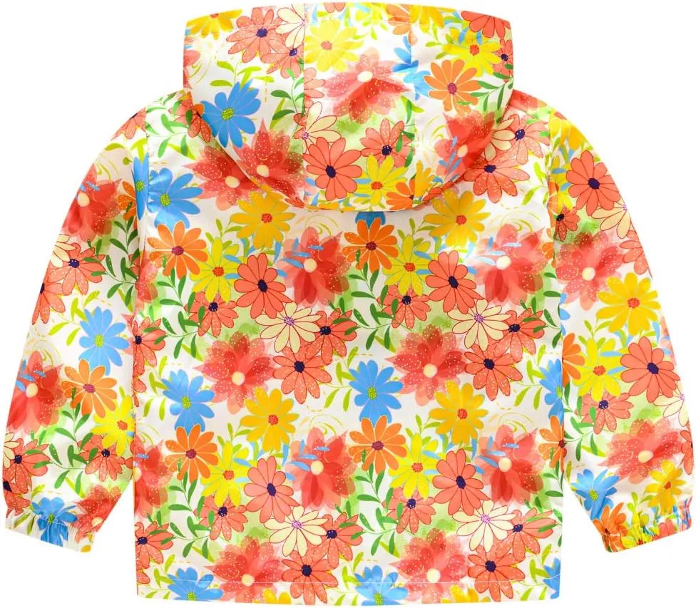 Toddler Girl's And Boy's Outdoor Floral Animal Printed Zip Jacket Hooded Trench Light Windproof Jackets Outerwear