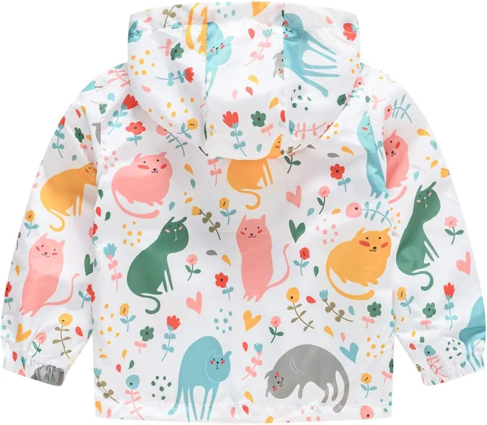 Toddler Girl's And Boy's Outdoor Floral Animal Printed Zip Jacket Hooded Trench Light Windproof Jackets Outerwear