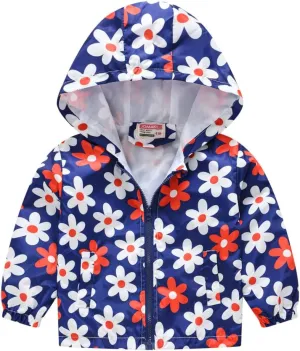 Toddler Girl's And Boy's Outdoor Floral Animal Printed Zip Jacket Hooded Trench Light Windproof Jackets Outerwear