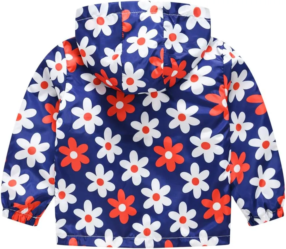 Toddler Girl's And Boy's Outdoor Floral Animal Printed Zip Jacket Hooded Trench Light Windproof Jackets Outerwear