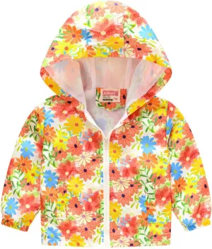 Toddler Girl's And Boy's Outdoor Floral Animal Printed Zip Jacket Hooded Trench Light Windproof Jackets Outerwear