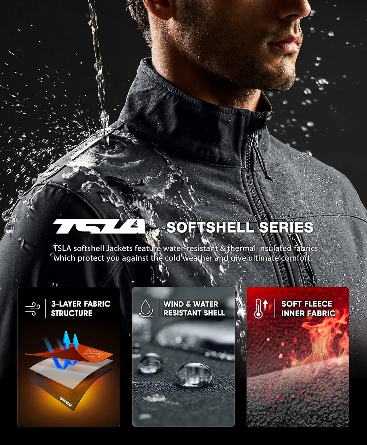 TSLA Men's Full-Zip Softshell Winter Jacket, Waterproof Fleece Lined Athletic Jacket, Outdoor Sport Windproof Jackets