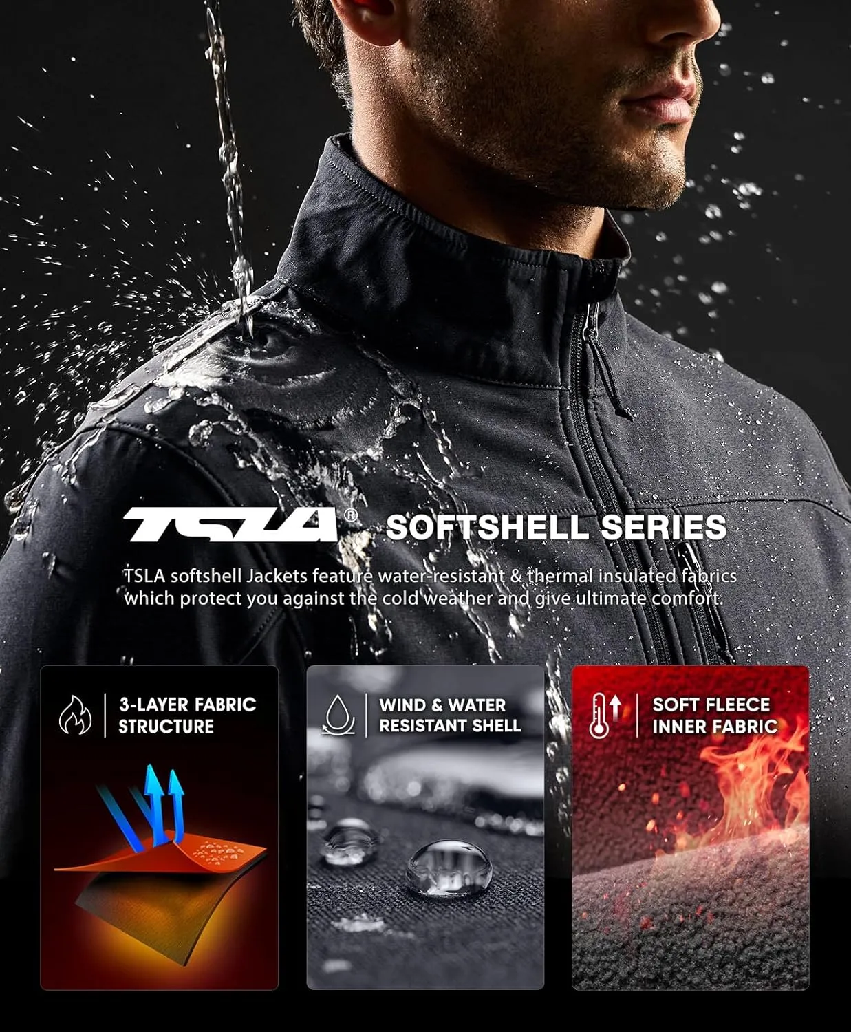 TSLA Men's Full-Zip Softshell Winter Jacket, Waterproof Fleece Lined Athletic Jacket, Outdoor Sport Windproof Jackets