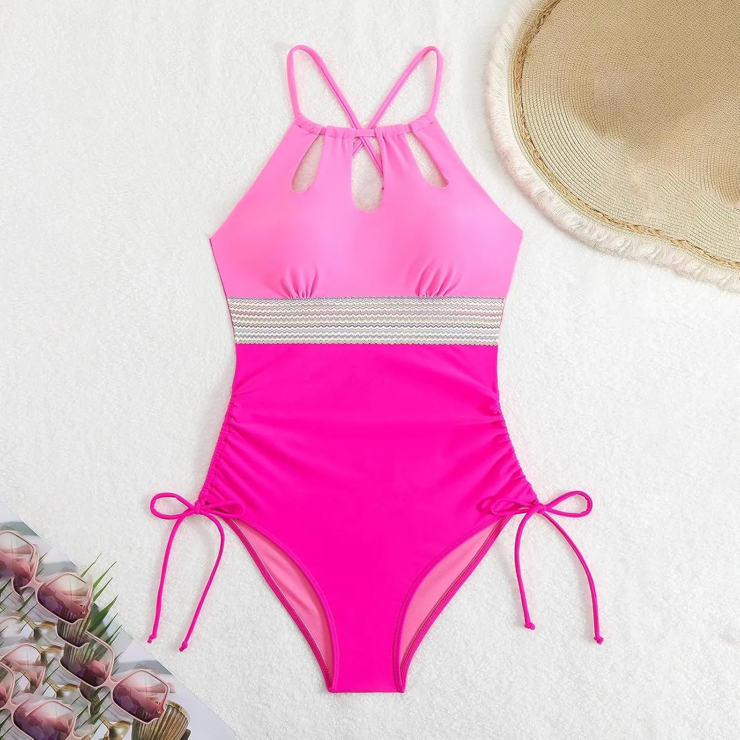 Tummy Control V Neck Bathing Suits Sexy Mesh Patchwork Monokini Comfy Breathable Double Straps Push Up Swim Suit