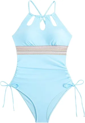 Tummy Control V Neck Bathing Suits Sexy Mesh Patchwork Monokini Comfy Breathable Double Straps Push Up Swim Suit