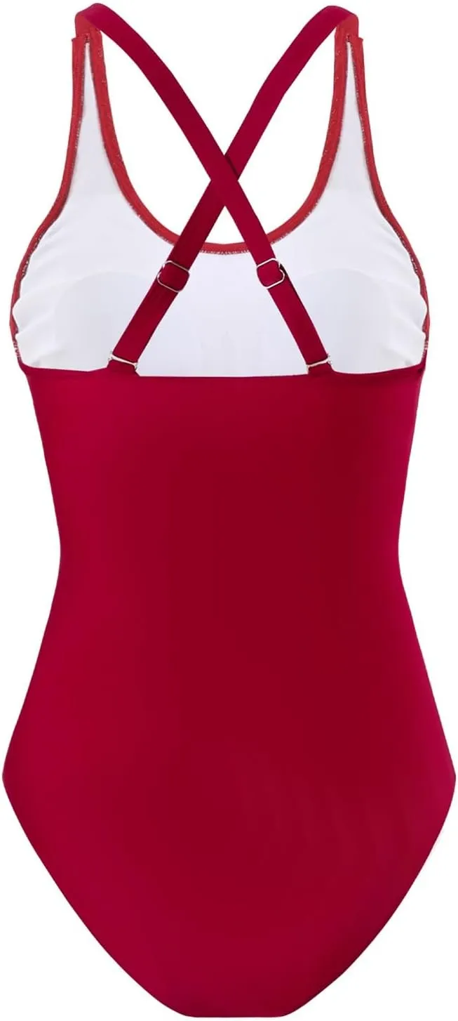 Tummy Control V Neck Bathing Suits Sexy Mesh Patchwork Monokini Comfy Breathable Double Straps Push Up Swim Suit