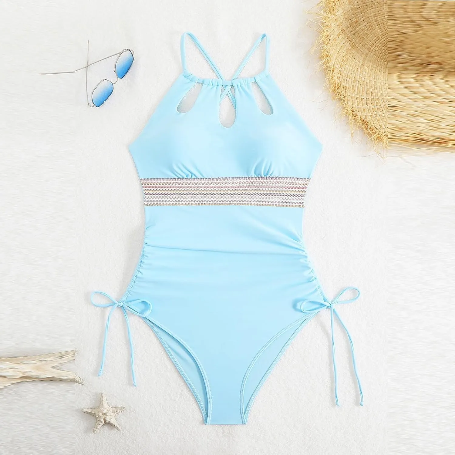 Tummy Control V Neck Bathing Suits Sexy Mesh Patchwork Monokini Comfy Breathable Double Straps Push Up Swim Suit