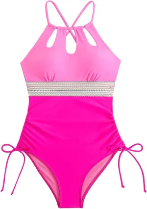 Tummy Control V Neck Bathing Suits Sexy Mesh Patchwork Monokini Comfy Breathable Double Straps Push Up Swim Suit
