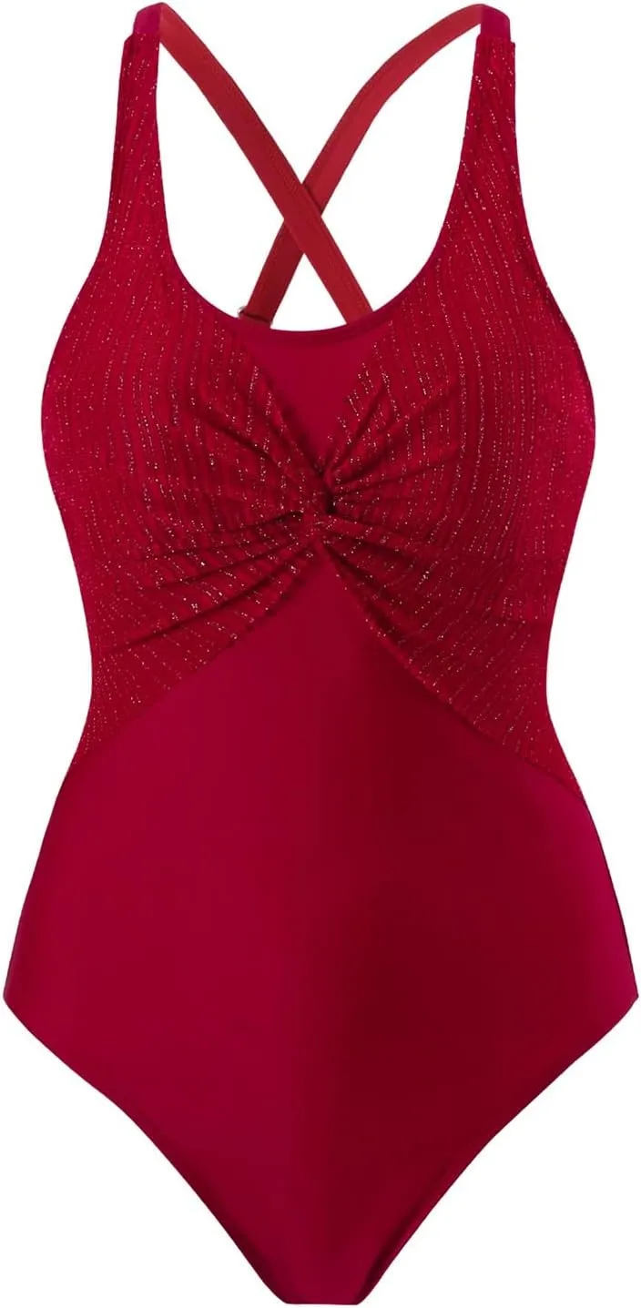 Tummy Control V Neck Bathing Suits Sexy Mesh Patchwork Monokini Comfy Breathable Double Straps Push Up Swim Suit