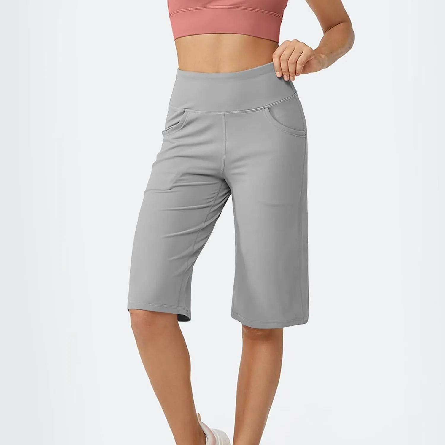 TWGONE Women's Knee Length Shorts Elastic High Waisted Loose Trousers Lightweight Shorts with Pockets