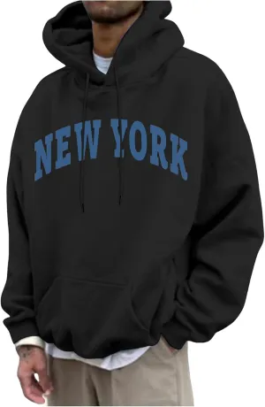 Wankang New York Hoodies for Men Crew Neck Sweatshirts Letter Graphic Hoodie Relaxed Fit Long Sleeve Pullover Tops