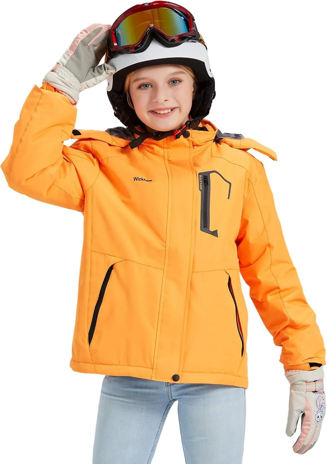 WICKHAM Girl's Waterproof Ski Jacket Winter Warm Fleece Lined Snow Windproof Jackets Removable Hood Ski Coat for Kids