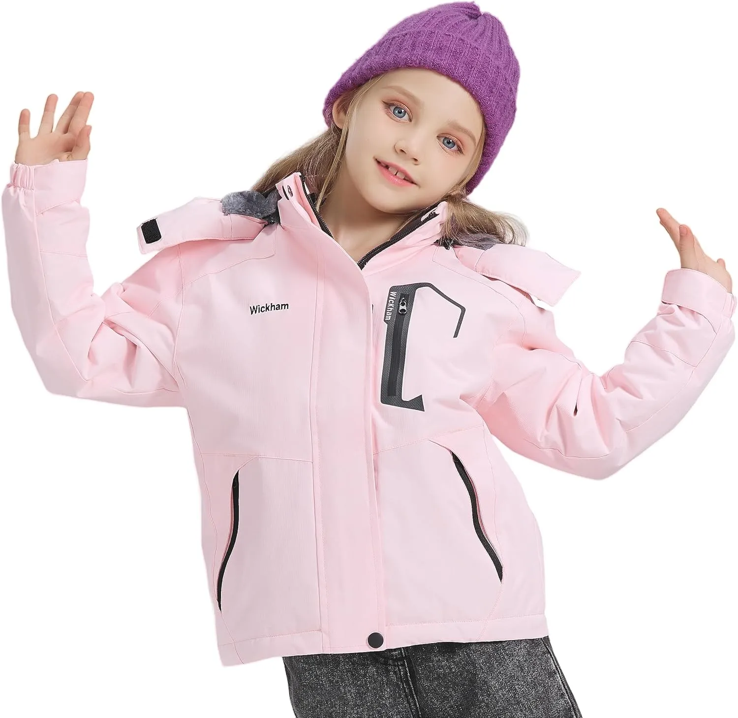 WICKHAM Girl's Waterproof Ski Jacket Winter Warm Fleece Lined Snow Windproof Jackets Removable Hood Ski Coat for Kids
